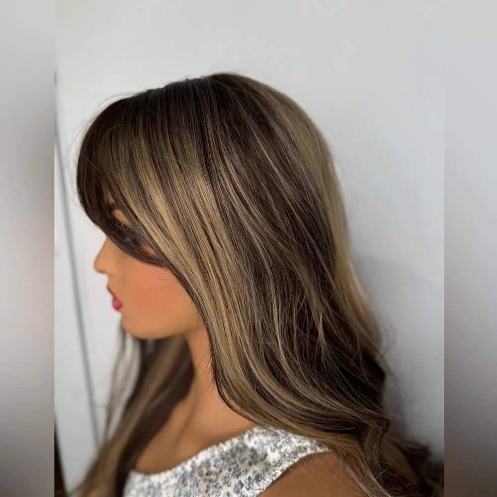 Long Layered Brunette Wig with Honey Blonde Highlights | Soft Waves